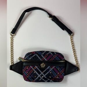 Juicy Couture Plaid Studded Crown Logo Fanny Pack Zipper Waist Bag Chain Belt